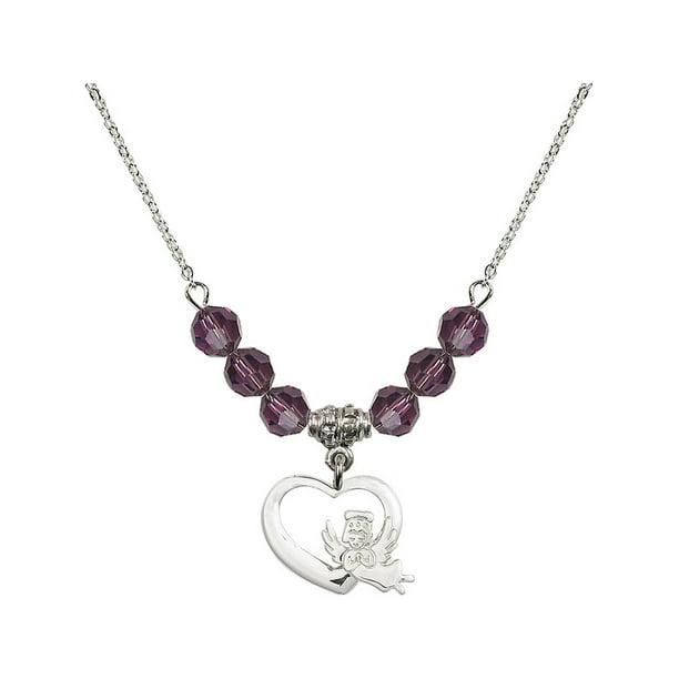 18-Inch Rhodium Plated Necklace with 6mm Amethyst Birthstone Beads and Sterling Silver Guardian Angel Charm. 